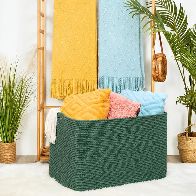 112L Extra Large Blanket Basket Holder Living Room, 25"x17"x16" Rectangle Rope Woven Storage Basket with Handles for Laundry, Towels, Shoes, Dog Toy Organizer Bin Box, Green - Image 2