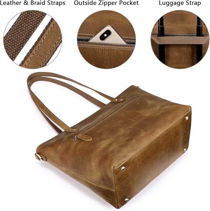 S-ZONE Women Vintage Genuine Leather Tote Bag Large Shoulder Purse Work | 14" Padded Laptop Compartment, Detachable Long Strap, Luggage Strap, Multi Pockets, Travel Everyday - Image 3