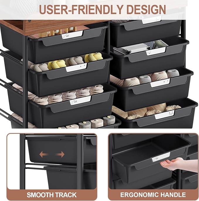 10 Drawers Rolling Cart with Wooden Tabletop, Utility Storage Cart with Wheels, Art Supply Craft Organizer on Wheel with Metal Frame & Handles for Home Office School,Black | Easy Setup, Large Capacity, Sturdy Build, Lockable Mobility, For office, class... - Image 5