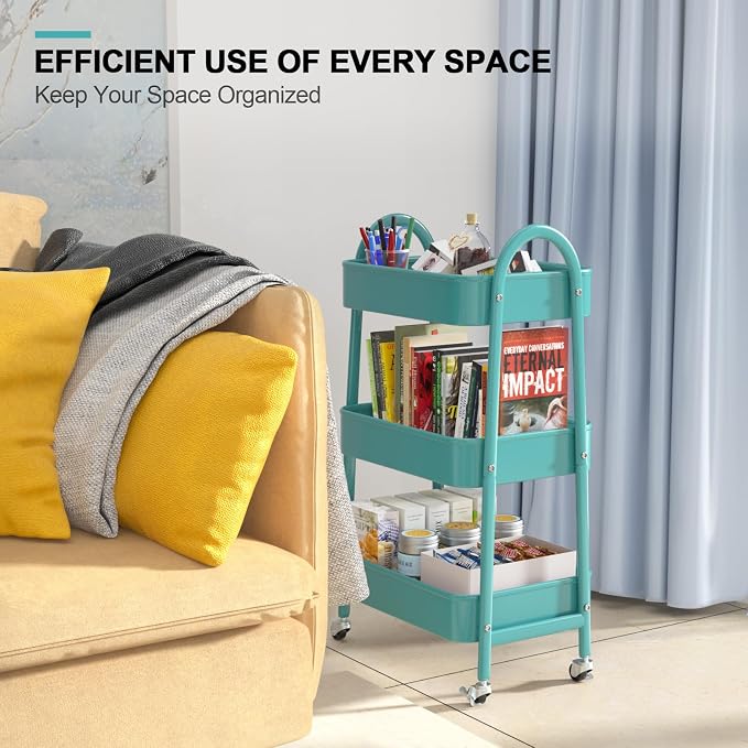 3 Tier Utility Rolling Cart, Metal Storage Cart with Handle and Lockable Wheels, Multifunctional Storage Organizer Trolley with Mesh Baskets for Kitchen, Living Room, Office, Garage (Turquoise) - Image 7