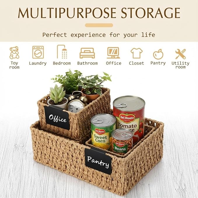 Marsui 6 Pcs Wicker Storage Baskets for Pantry Organization with Labels Handwoven Paper Rope Multi-size Natural Wicker Storage Bins for Organizing Small Baskets Container for Shelves Closet Toilet - Image 4