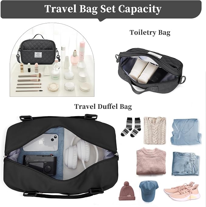 Weekender Bags for Women,Personal Item Travel Bag with Shoes Compartment | Overnight Travel Duffel Bag with Black Gray Toiletry Bag,Carry-On Bag - Image 3
