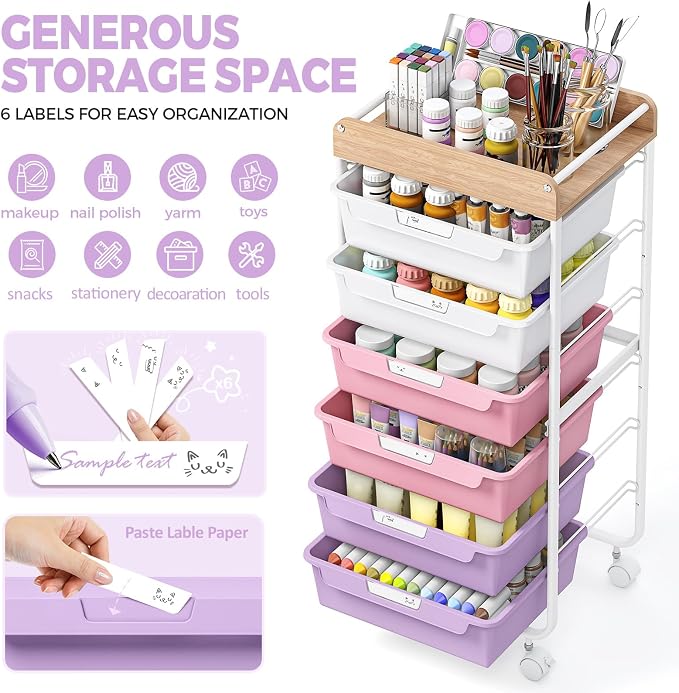 SYKIARIOL Rolling Cart with 6 Drawers,Craft Organizer and Storage,Purple | Utility Storage Cart with Drawers,Art Cart,Makeup Organizer With Wooden Tabletop - Image 3