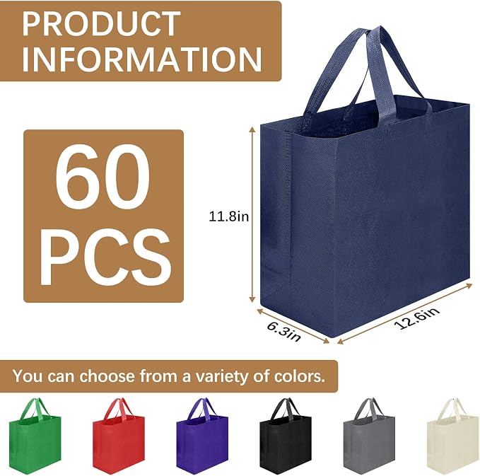 Reusable Grocery Bags 12.6 * 6.3 * 11.8 in - Non Woven Totes Bag with Reinforced Handles, Shopping Bags Bulk - Image 2