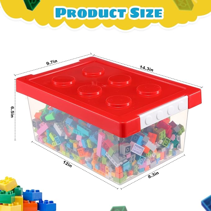 4 Pack Toy Storage Containers with Lids Brick Shaped Kids Toy Organizer Box Plastic Clear Stackable Bin Chest for Building Block Dolls(Large,Red, Yellow, Blue, Green) - Image 2
