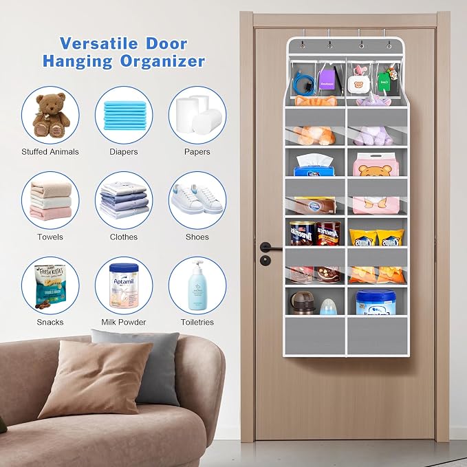 Univivi Upgraded Over the Door Organizer for Baby Nursery, Grey, 5-Shelf | Fabric Door Organizer with Clear Window Deep Pockets, Over Door Hanging Organizer for Baby Essential, Bedroom, and Dorm - Image 9