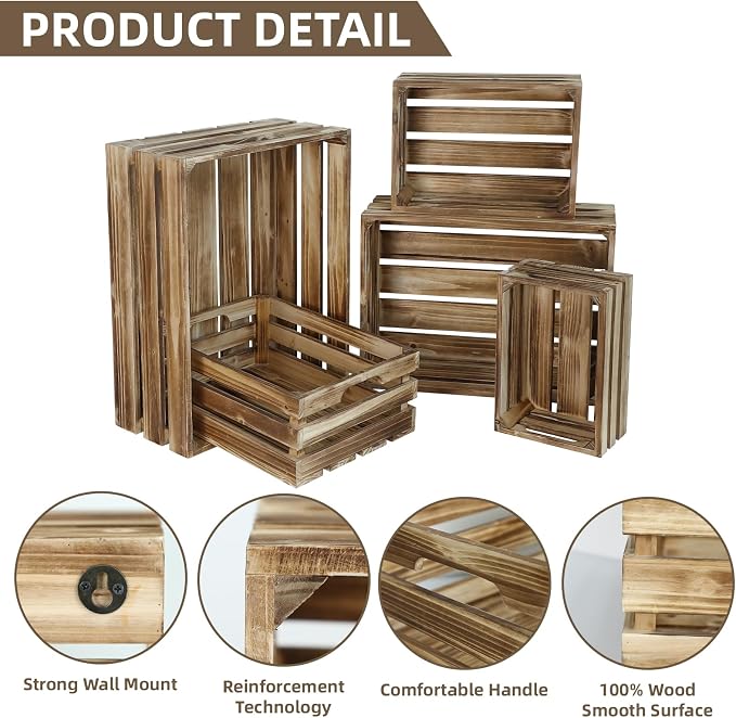 Set of 5 Large Wooden Crates, Nesting Storage Crate with Handles, Rustic Torched Brown Farmhouse Wooden Crates for Display, Wedding Birthday Home Party Living Room Kitchen Decoration - Image 3