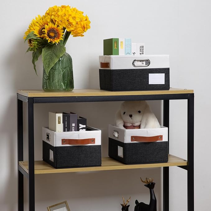Foldable Storage Bins with Handles [3-Pack] Fabric Collapsible Storage Boxes Baskets Cubes Containers with Handles for Closet Living Room Bedroom (Black & White 11.5x8.5x6.7'') - Image 2