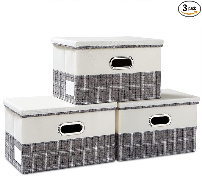 Collapsible Storage Bin with Lid [3-Pack] Fabric Foldable Storage Box Organizer Container Basket Cube with Cover for Home Bedroom Closet Office Nursery Gray plaid & Cream(14.9x9.8x9.8) by Prandom