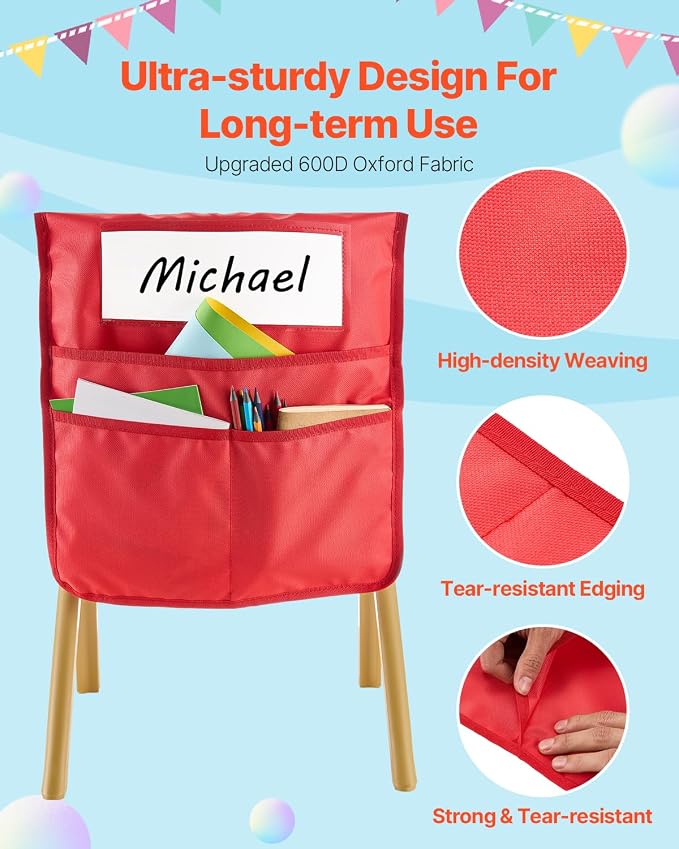 VEVOR Chair Pockets for Classroom, 24 Pack, 14 x 15 Inches Chairback Buddy Pocket with Name Tag, 6 Bright Colors, Back of Chair Organizer for Kids in Classroom, Kindergarten, School, and Home - Image 4