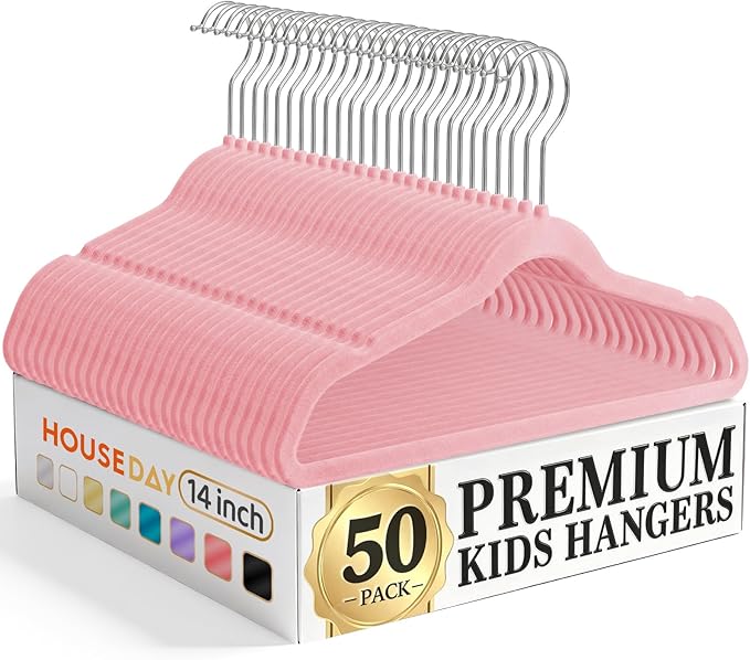 HOUSE DAY 14 Inch Kids Velvet Hangers 50 Pack, Durable Big Kid Hanger Pink | Children Hangers for Youth, Teen, Non Slip Kids Felt Hanger, Cute Small Hanger for Closet, Ideal for Everyday Use by HOUSEDAY