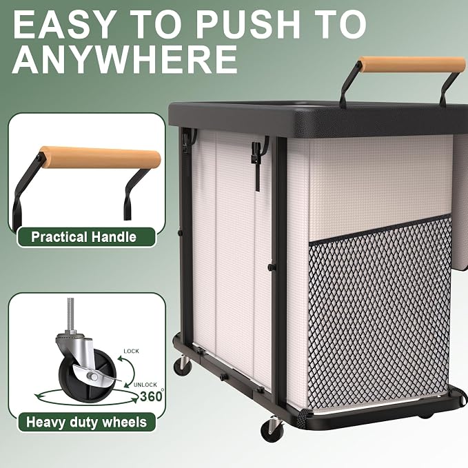 Laundry Hamper 3 Section,230L Rolling Dirty Clothes Hamper White | Laundry Basket with Wheels & Lid,Laundry Organizer Storage Cart with Metal Frame and Wooden Handle for Laundry Room, Hotel - Image 3