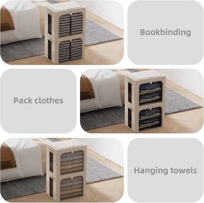 FHSQX 2 Pack Clear Window Storage Bins - Large Stackable Linen Fabric Storage for Clothes Foldable Container Organizer Set with Carrying Handles (Beige, 16.5x 12.2x 12.2Inch) - Image 3