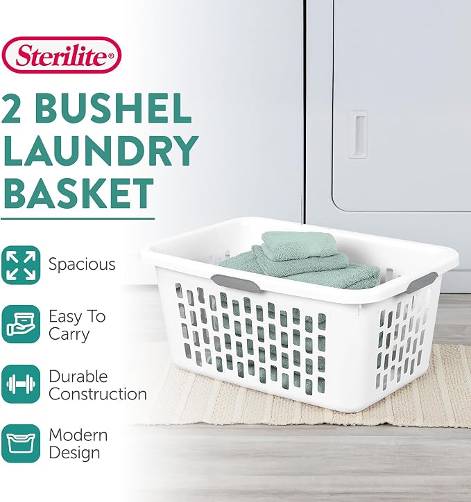 Sterilite Laundry Basket, Plastic Clothes Hamper, Large Rectangle Bin with Comfort Grip Handles and Reinforced Rim, 2 Bushel Capacity, White, 18 Pack - Image 2