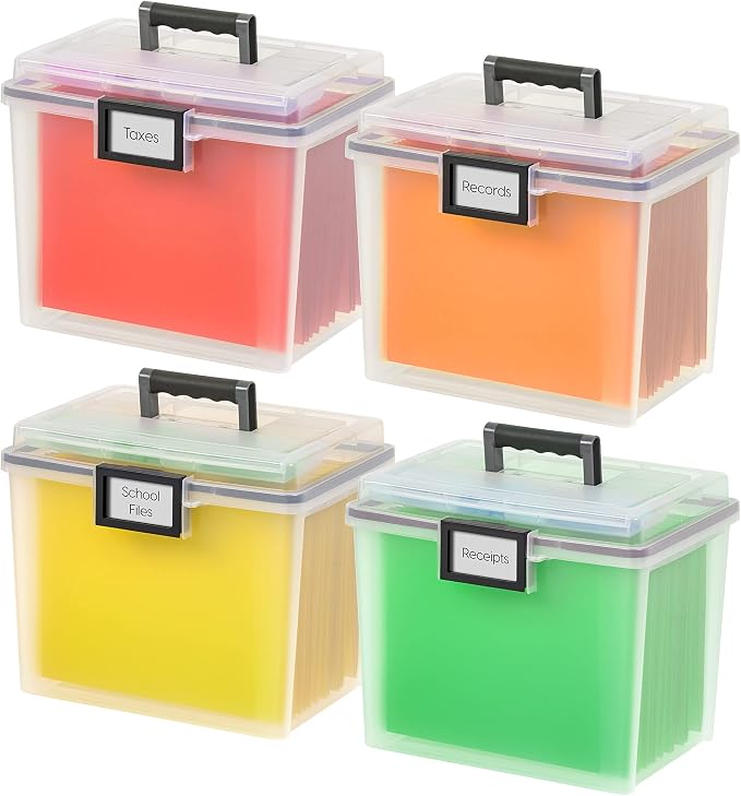 IRIS USA WeatherPro Portable File Box Organizer, 19 Qt. 4-Pack, Clear | Store and transport letter size files, documents and records with weather resistant protection and secure latching by IRISUSA