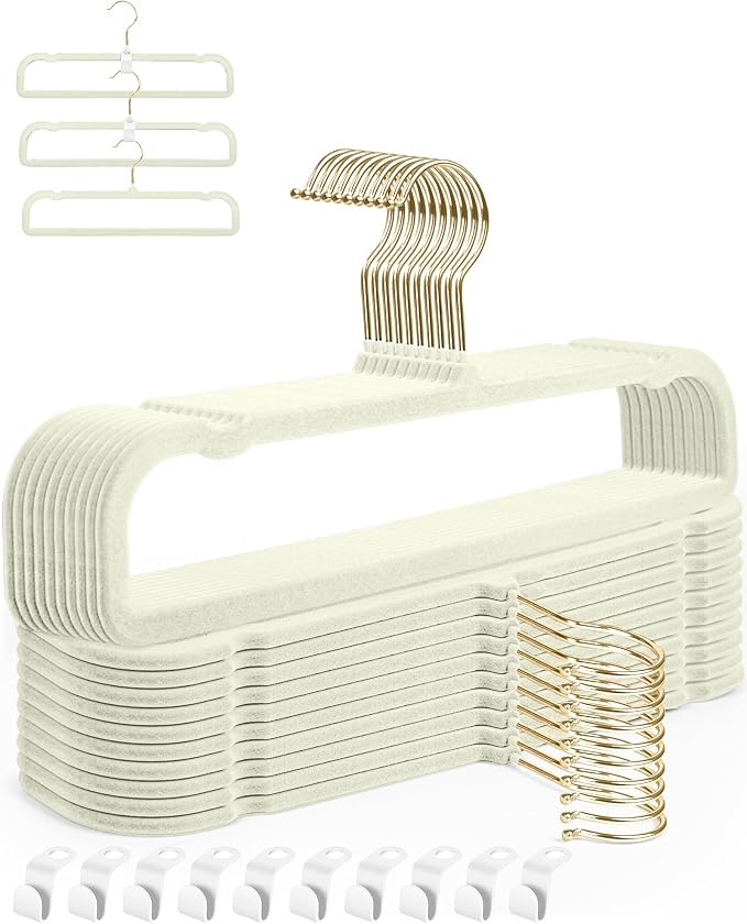 Felt Hangers White Velvet Hangers, Thin Pants Hangers 20 Pack, Adult Hanger | 360° Rotatable Golden Hanger for Jean Slack Closet, Anti-Slip Lightweight Padded Slim Space Saving Flocked Trouser Hangar by HGYZE