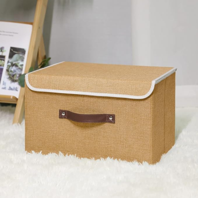 ANMINY Fabric Storage Box Bins with Lids, Khaki, 15"x10"x10" | Keepsake Memory Storage, Cotton Linen, PP Board Reinforced, Washable, PU Handles, Foldable & Stackable, Decorative, Large - Image 6