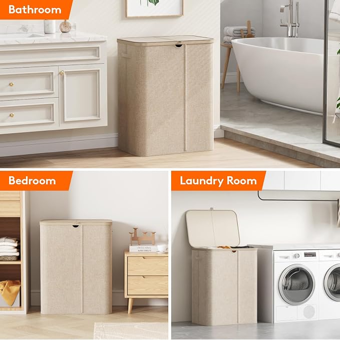 Lifewit 185L 3 Section Laundry Hamper with Lid, Laundry Basket, Beige | Large Foldable Laundry Sorter with 3 Removable Bags, Tall Clothes Hamper for Bedroom and Bathroom - Image 9