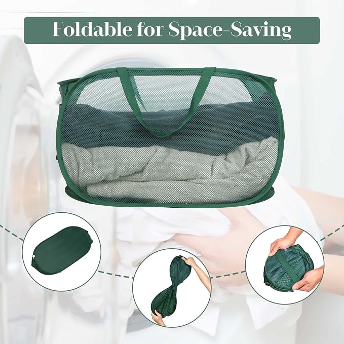 Sturdy Mesh Pop Up Laundry Hamper, Collapsible Laundry Baskets with Side Pocket, Foldable Clothes Hamper with Reinforced Carry Handles for Laundry, Bathroom, Kids Room, Dorm or Travel Emerald - Image 5