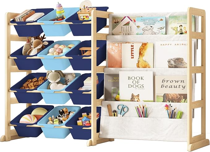 EXPERLAM Toy Storage Organizer with Bookshelf - 12 Storage Bins 4-Tier Multipurpose Shelf to Organize Toys and Books for Kids Room, Playroom, Nursery Room, Blue by EXPERLAM