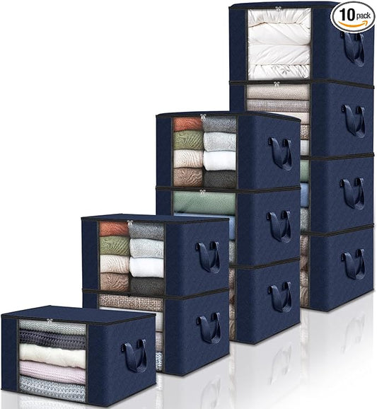 10 Pack Storage Bags for Clothes Blanket Storage Bins with Lids | Foldable Closet Organizers with Zippers,Window and Handles,Fabric Storage Bins for Sweater,Comforter,Bedding,Dorm essentials by Fabtotes