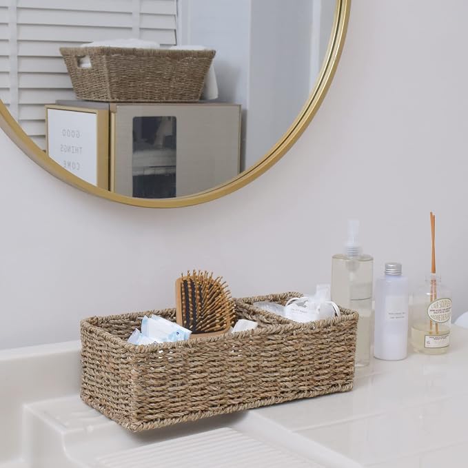 StorageWorks Wicker Toilet Basket Tank Topper, Seagrass Storage Baskets | Wicker Basket, Toilet Paper Storage for Back of Toilet Tank, Woven Baskets for Shelves, Wicker Baskets with 3 Compartments - Image 6