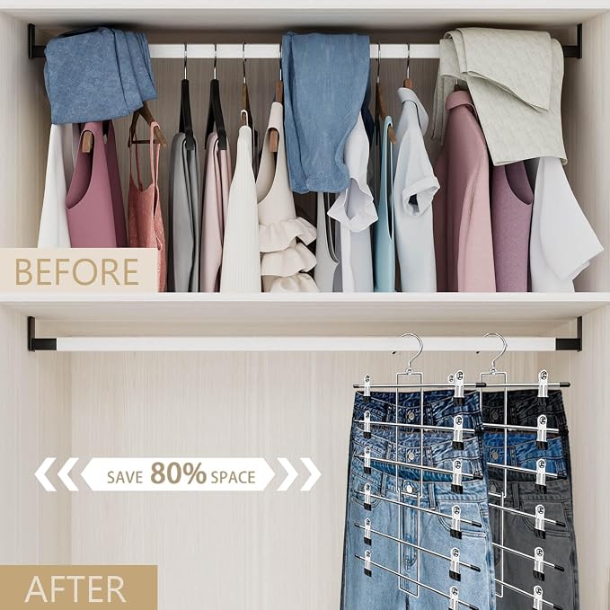 Pants Hangers with Clips,Space Saving Hanging Closet Organizer-6 Tiers Skirt Hangers with 360° Swivel Hook,Closet Organizer-Clothes Hangers- College Dorm Essentials Apartment Essentials- 4 Pack - Image 2