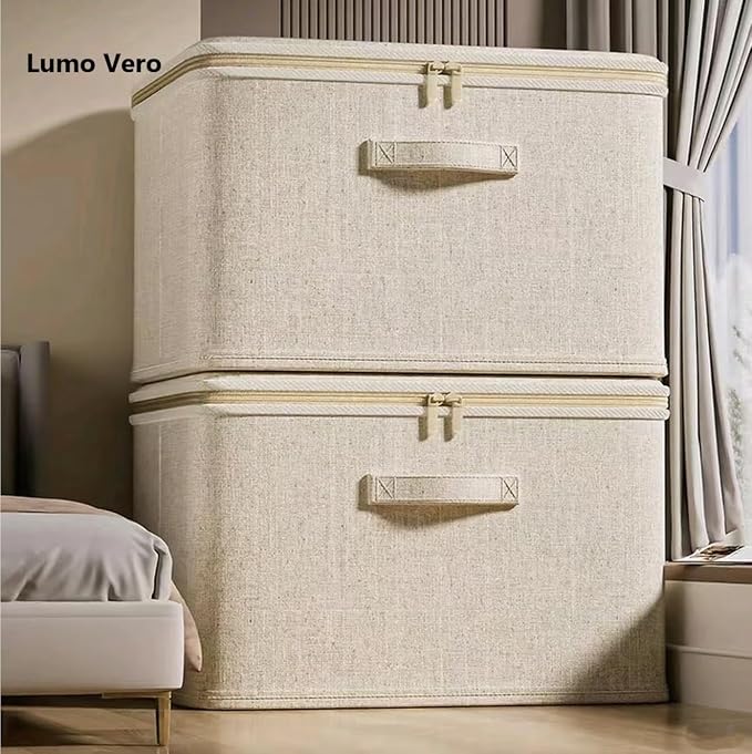 [3 Pack] Beige Cotton Linen Collapsible Storage Bins for Home Organization, Waterproof Fabric Foldable Organizer Boxes, 19.29 x 14.57 x 12.2 Inches, Zippered Flap & Handle (Extra Large) - Image 2