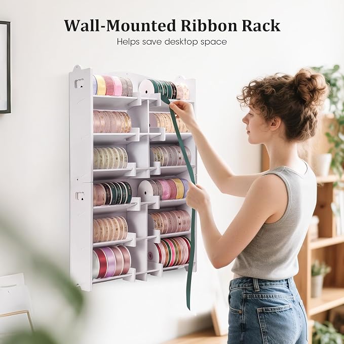 Krafetto 2 Pack Stackable Ribbon Organizer for Spools up to 4 Inches | Desktop and Wall-Mount Storage Keeps Small Ribbon Rolls Visible and Organized - Image 4