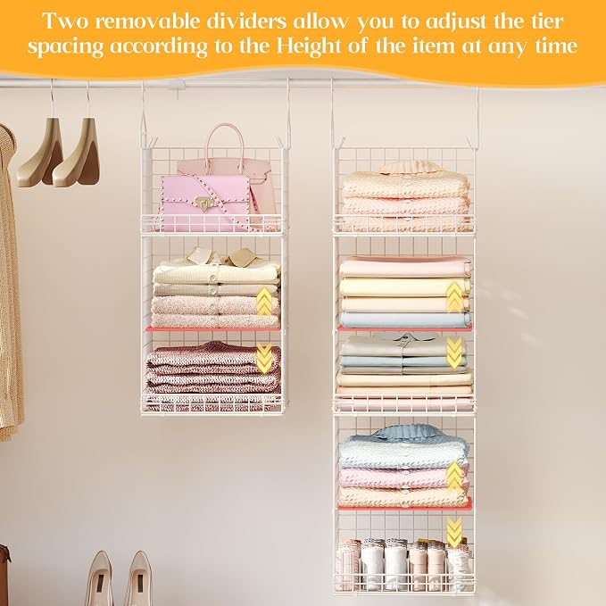 Yuyetuyo ﻿5 Tier Hanging Closet Organizer Separable Hanging Closet Shelves with 4 Hooks 2 Adjustable Dividers, Wire Storage Basket Bins for Clothing Sweaters Socks Dolls Handbags, Foldable - Image 4