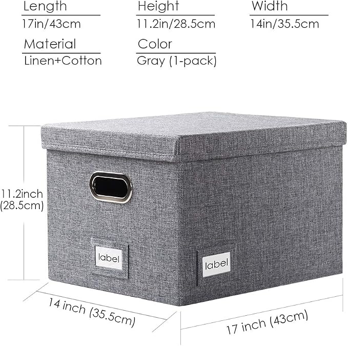File Organizer Box - Set of 1 Collapsible Decorative Linen Filing Storage Hanging File Folders with Lids Office Cabinet Letter/Legal Size Grey (17x14x11.2 inch) - Image 7