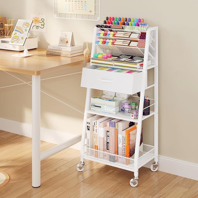 3 Tier Rolling Cart - Metal Utility Cart with Storage Drawer and Wheels, Versatile Art & Craft Organizer for Home, Office, or Studio - Ideal for Storing Brushes, Paints, and Supplies（White） - Image 8