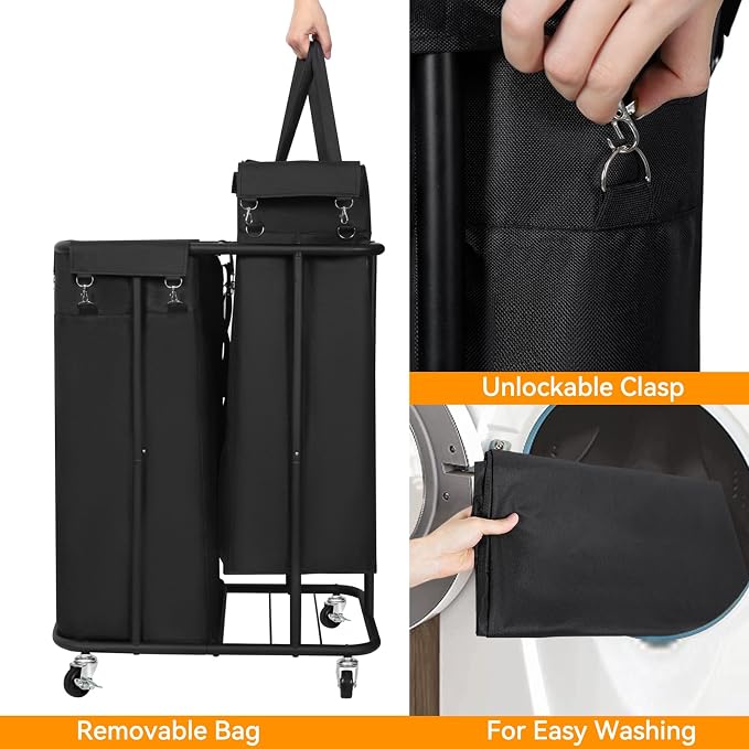 WOWLIVE Double Laundry Hamper with Wheels, 170L Rolling Laundry Basket | 2 Section Laundry Hamper, Laundry Cart with Steel Frame, Removable Bags, Large Dirty Clothes Hamper Dorm Room Storage, Black - Image 6