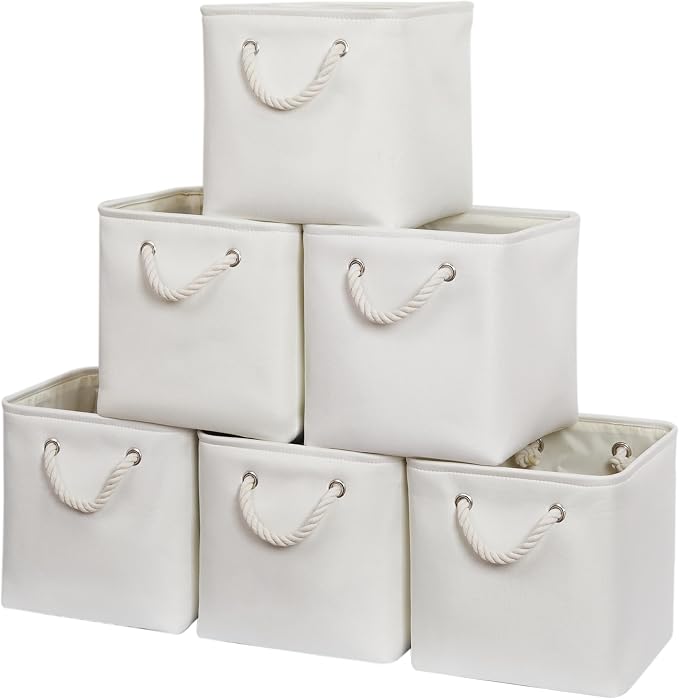 11 Inch 6 Pack Cube Storage Bins with Handles | Foldable Storage Basket,Fabric Storage Basket,Storage cube baskets suitable for the Home & Office(White) by ISEMINGLA