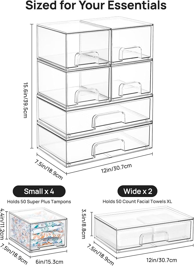 Vtopmart Clear Stackable Storage Drawers Set of 6, Plastic Organizer Bins | Multi-purpose Boxes for Bathroom Accessories Storage, Ideal for Cabinet, Shelf, Pantry, Laundry Room Organization - Image 2