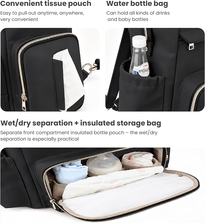 Large Capacity Diaper Bag Backpack with Changing Pad, Waterproof Baby Travel Backpack for Parents-Black - Image 5