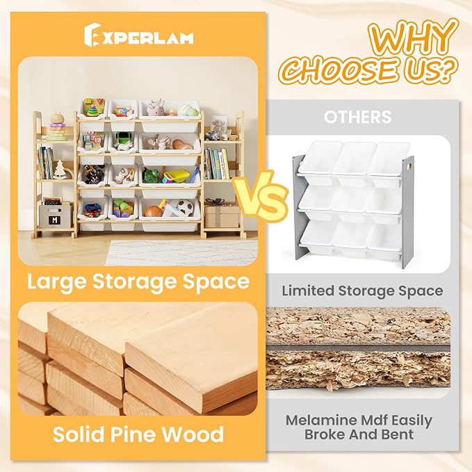 EXPERLAM Extra Large Toy Storage - Toy Storage Organizer, Wooden Toy Organizer with 6 Side Shelves and 12 Bins, 3-in-1 Bookshelf for Kids Rooms, Playroom, Nursery, White - Image 6