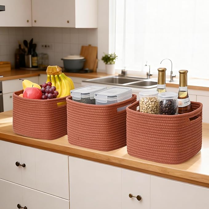 3 Pack Cube Storage Bin, 9”x9”x7” Cotton Rope Woven Baskets for Organizing Toys Clothes Towels, Square Gift Storage Baskets for Shelves, Nursery, Closet, Bathroom, Pantry (Red) - Image 6