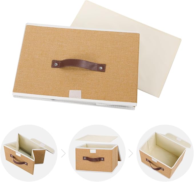 ANMINY Fabric Storage Box Bins with Lids, Khaki, 10"x8"x7", 4 Pack | Keepsake Memory Storage, Cotton Linen, PP Board Reinforced, Washable, PU Handles, Foldable & Stackable, Decorative, Small - Image 8
