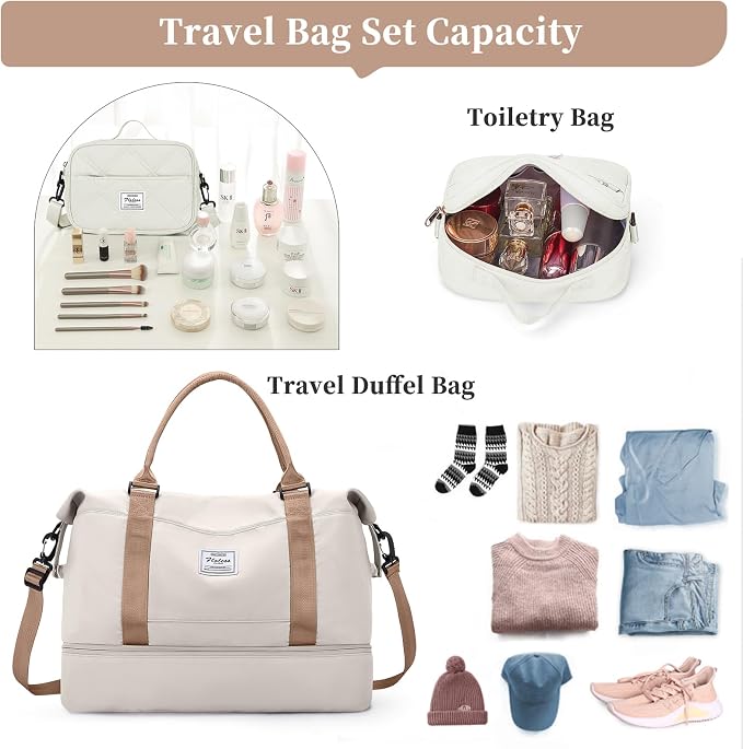 Weekender Bags for Women,Personal Item Travel Bag with Shoes Compartment,Overnight Travel Duffel Bag with Quilted Toiletry Bag,Beige&Brown - Image 3