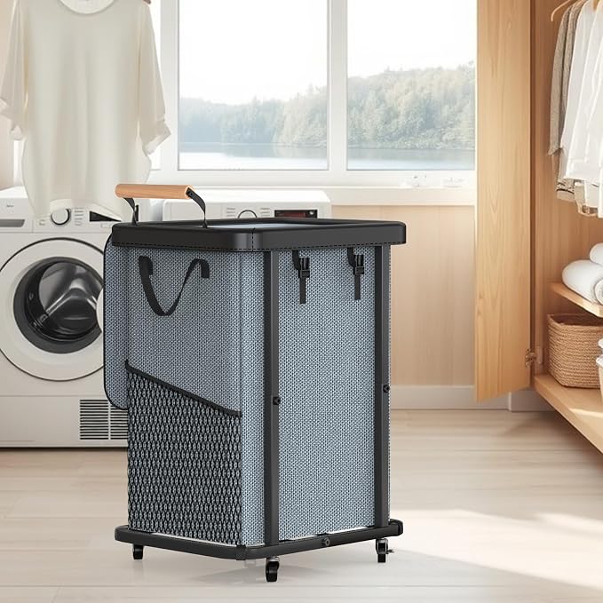 Laundry Hamper with Lid,Leather Patchwork Laundry Basket with Wheels Grey | 150L Rolling Laundry Basket with Bag & Handles,Laundry Basket Organizer for Laundry Room,and Bathroom,Laundry Room - Image 7
