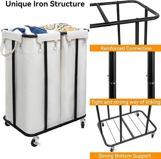 WOWLIVE Double Laundry Hamper with Wheels, 170L Rolling Laundry Basket | 2 Section Laundry Hamper, Laundry Cart with Steel Frame, Removable Bags, Large Dirty Clothes Hamper Dorm Room Storage, Beige - Image 5