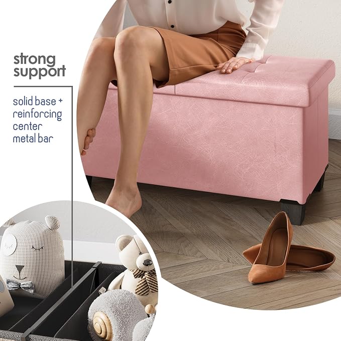 Storage Ottoman Bench with Bins, 43-in Storage Bench for Bedroom End of Bed, Folding Foot Rest Ottoman for Living Room Max 660lbs, Leather Ottomans, Pink - Image 5