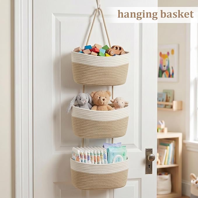 TeoKJ Over the Door Hanging Basket, 3-Tier Woven Cotton Wall-Mounted Storage Organizer Bag Decorative Hanging Nursery Baskets, White & Jute - Image 4