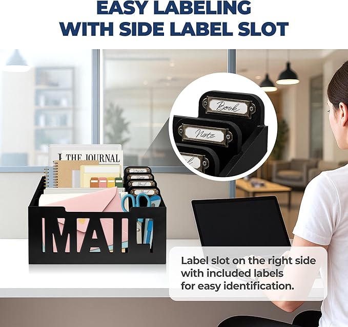 Mail Organizer Countertop, Desktop Mail Sorter with 4 Slots & Labels, Black | Bills, Letters, Envelopes & Receipts - Image 6
