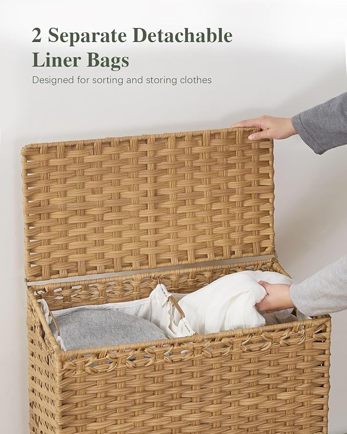 SETVSON Laundry Hamper with Lid, 112 L Handwoven Rattan Wicker Laundry Basket, 2 Removable Liner Bags Metal Heightened Feet, 6 Mesh Bags, 2 Section Large Clothes Hamper for Bathroom Bedroom, Natural - Image 4