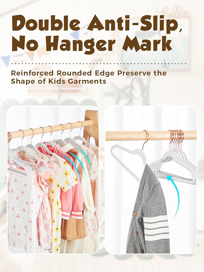 Kids Velvet Hangers 50 Pack, 14 Inch Premium Non Slip Kids Felt Hangers for Closet, Space Saving Toddler Clothes Hanger for Youth's Childrens' Clothes (Rose Gold Hook)- White | Premium Kids Hangers for Closet Storage, Space Saving Toddler Clothes Hange... - Image 2