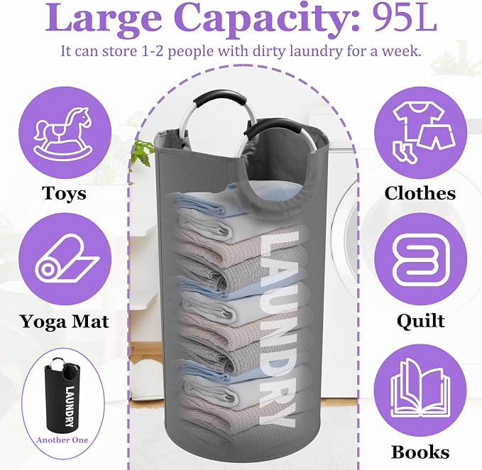 2Pcs Folding Clothes Basket with Handles, Large Laundry Basket for Family | IHOMAGIC 95L Stand-alone Dirty Clothes Hamper, Portable Laundry Bin, Storage Basket for Hotel, Dorm, Apartment, Grey+Black - Image 2