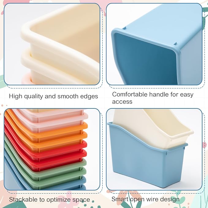 Geetery 12 Pcs Book Bin for Classroom with Labels Stackable Plastic Organizing Bins 11.5 x 5.4 x 7.5 in Book Holders Storage Bins Box Baskets for Classroom Library Home (Macaron Color) - Image 3