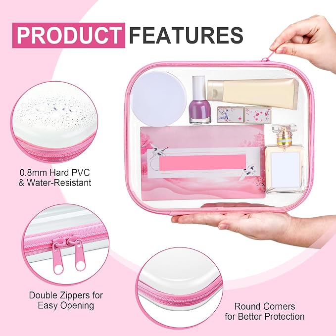 Sanwuta 6 Clear Hard Zipper Case,Pink,9.84 X 7.87 X 2 Inch | Pencil Case Pouches ,Makeup Bag,Plastic Toiletry Diaper Bag ,Travel Toy Storage,Waterproof Organizer Bins - Image 3